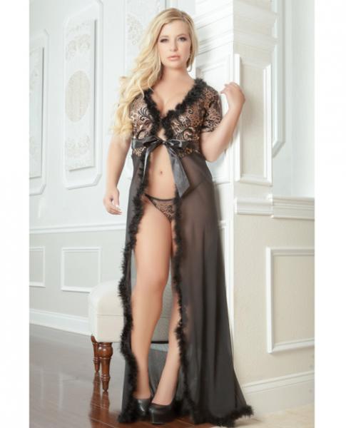 Sensual Lace Fur Trim Robe & Thong Golden Black 3X/4X