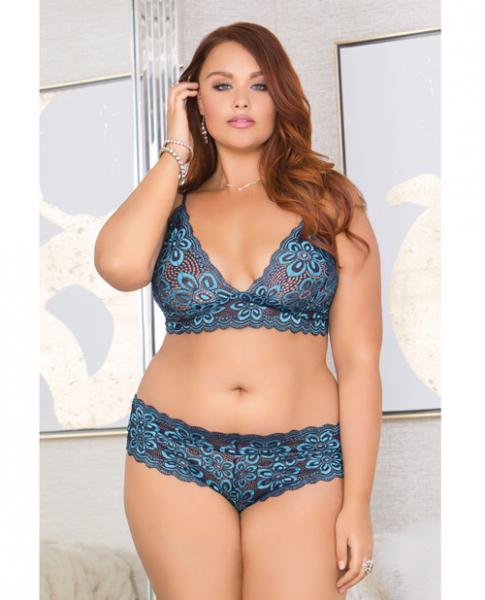 Lace Bralette Adjustable Straps & Panty Blue 2X