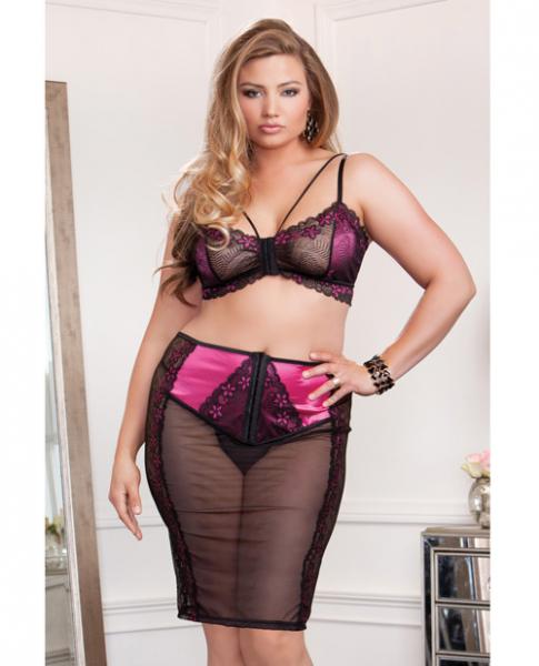 Floral Lace Mesh Bralette Skirt & G-String Fuchsia Black 3X