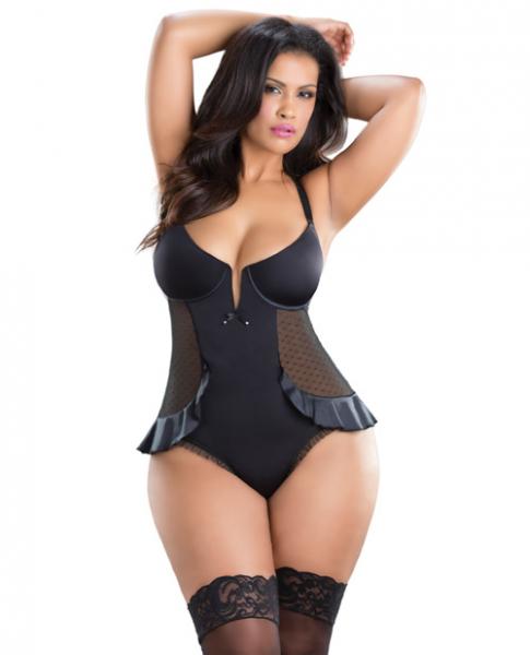 V-Plunge Satin Skirted Teddy Snap Crotch Black 3X