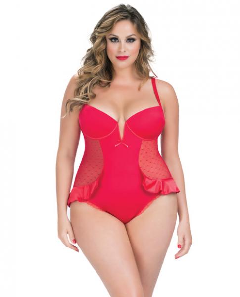 V-Plunge Satin Skirted Teddy Snap Crotch Red 3X