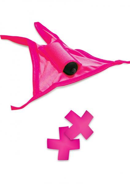 Neon Vibrating Crotchless Panty And Pasties Set Pink