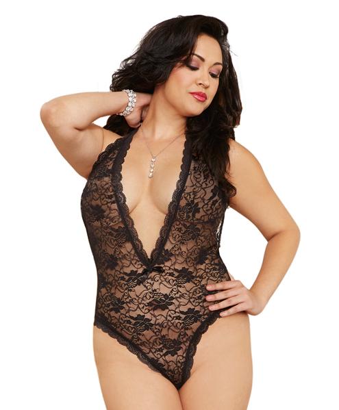 Halter Lace Teddy Plunging Neckline & Heart Cut Out Back Black Qn