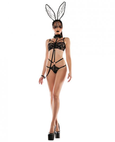 Role Play Bunny Lace Playsuit Collar Leash Black S/M