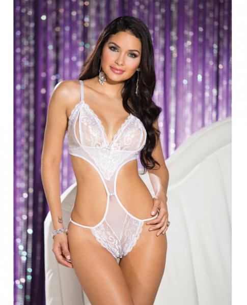 Stretch Lace Mesh Open Bust Teddy White Large