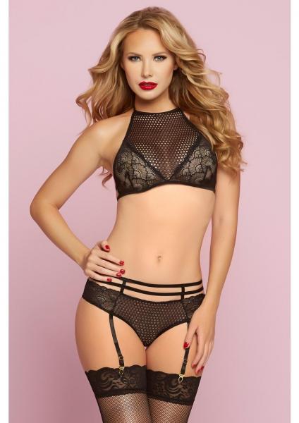 Crochet Netting & Floral Lace Bra Set Black O/S