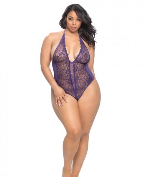 Crotchless Lace Teddy Rhinestone Detail Purple Qn